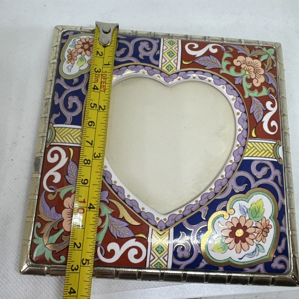 Vintage Cloisonné Picture Frame Japan Silver Plate Square Heart 5.5